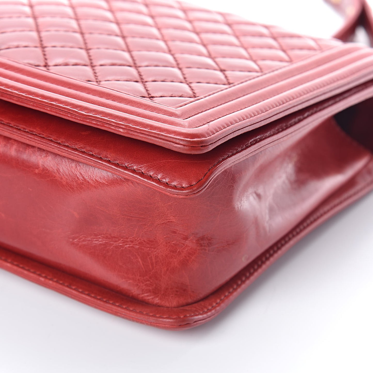 Aged Glazed Calfskin Quilted Large Boy Flap Red