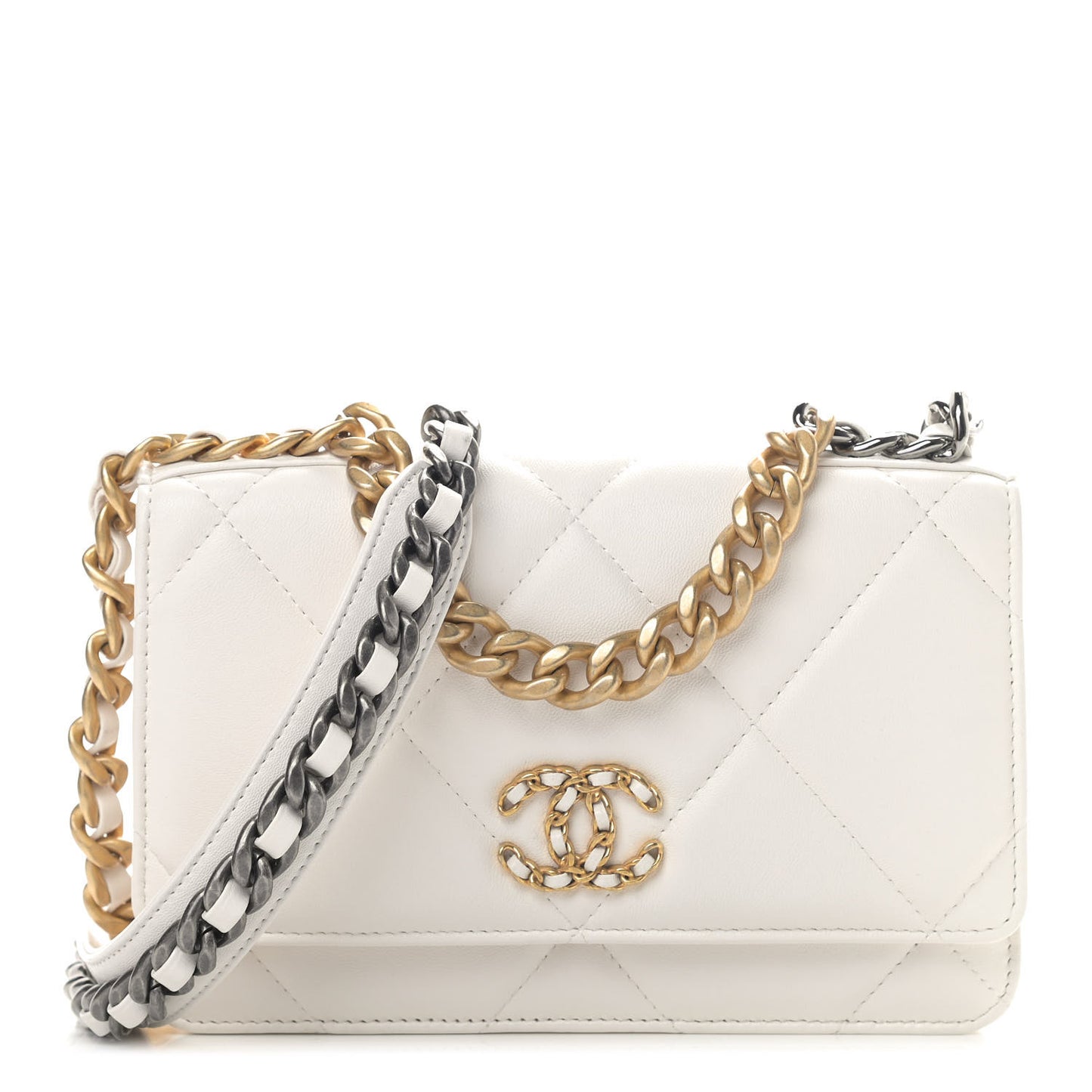 Goatskin Quilted Chanel 19 Wallet On Chain WOC White