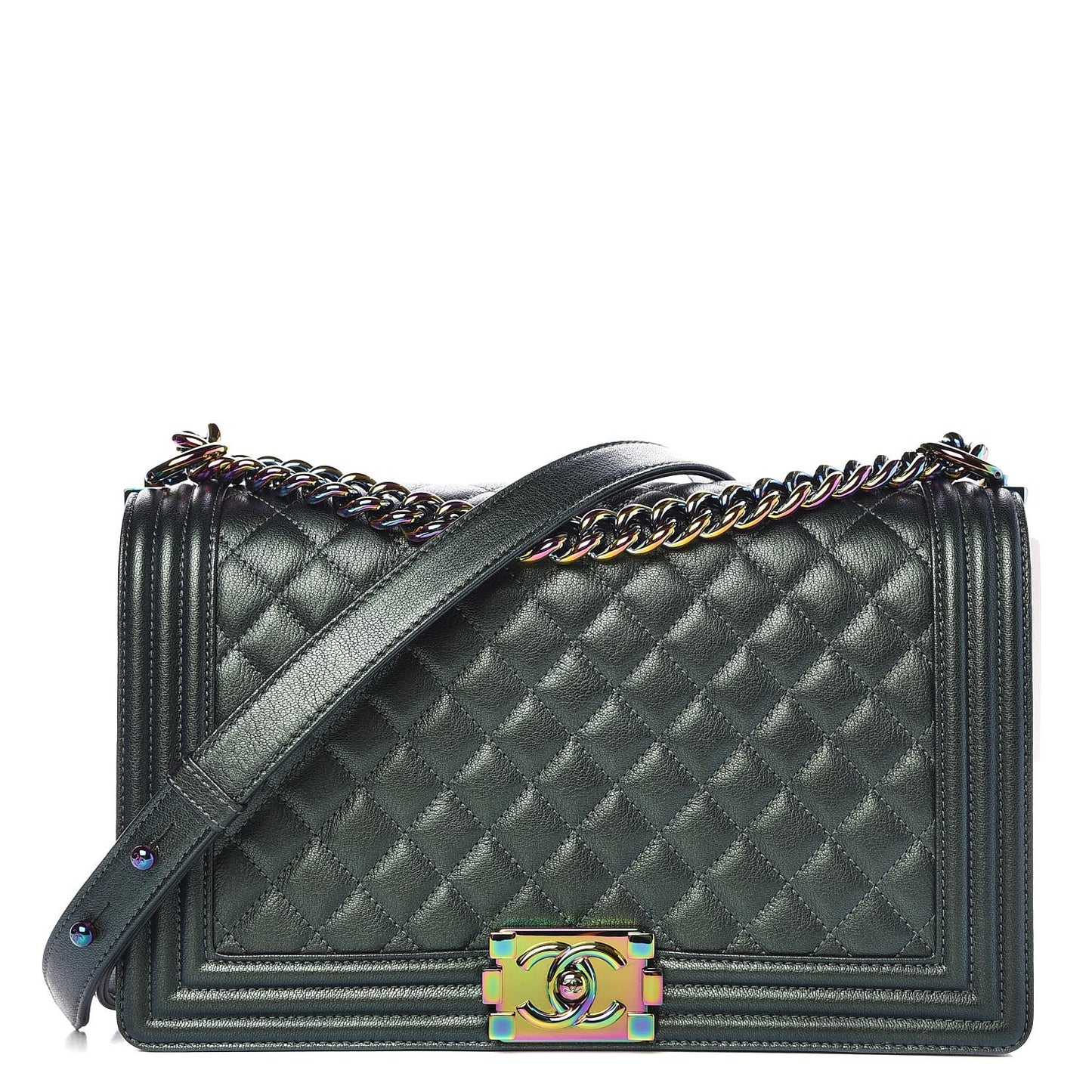 Iridescent Goatskin Quilted New Medium Boy Flap Green