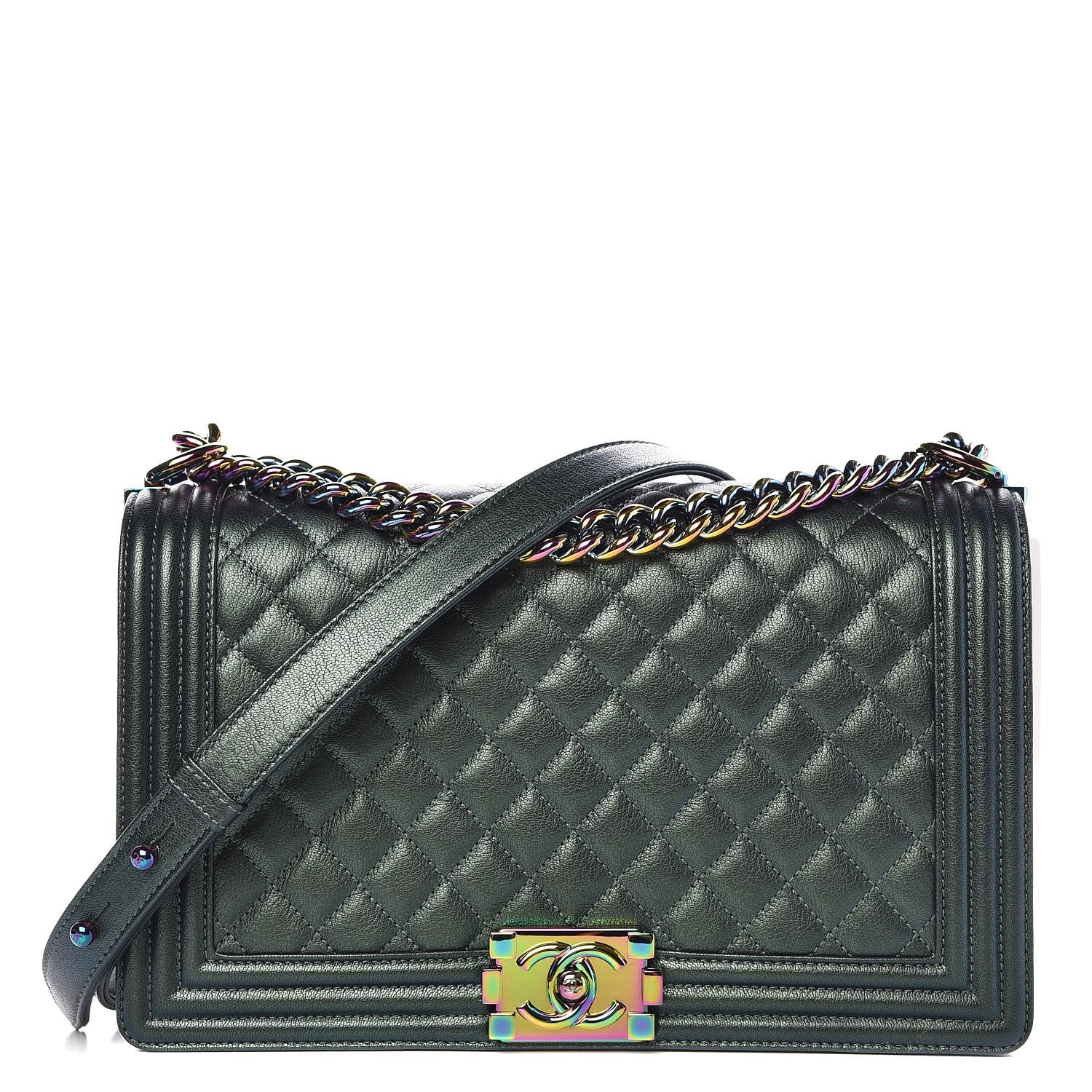 Chanel Iridescent Goatskin Quilted New Medium Boy Flap Green 1 of 9