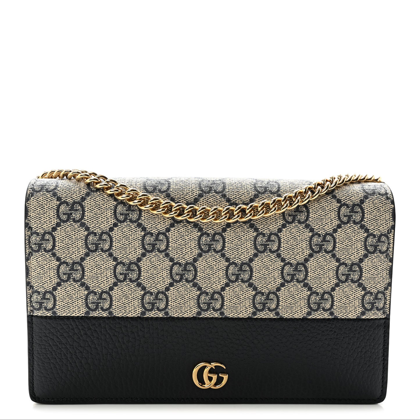 GG Supreme Monogram Textured Dollar Calfskin Mini GG Marmont Chain Wallet Beige Blue