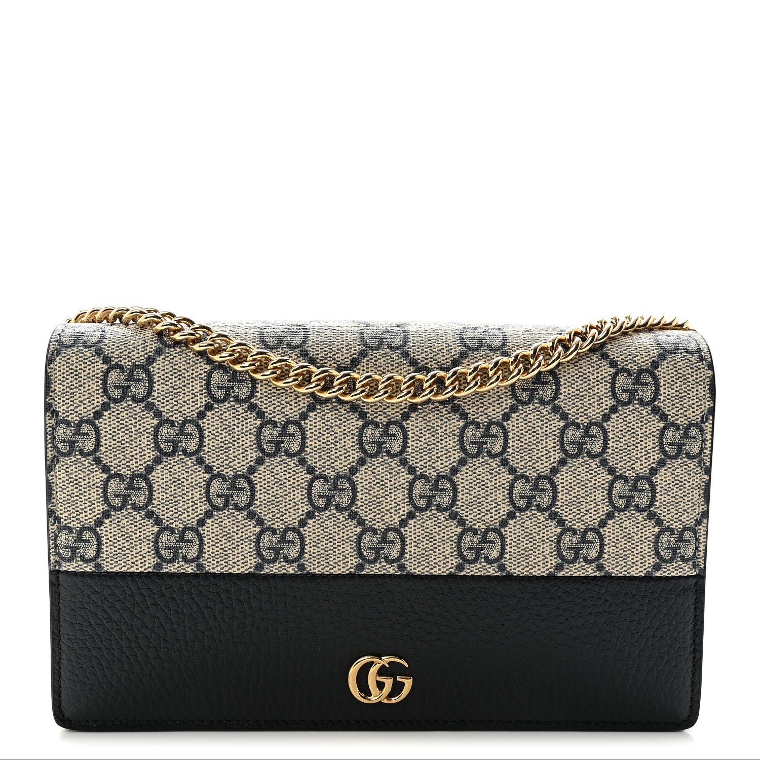 Gucci GG Supreme Monogram Textured Dollar Calfskin Mini GG Marmont Chain Wallet Beige Blue 1 of 9