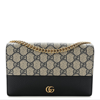 Gucci GG Supreme Monogram Textured Dollar Calfskin Mini GG Marmont Chain Wallet Beige Blue 1 of 9
