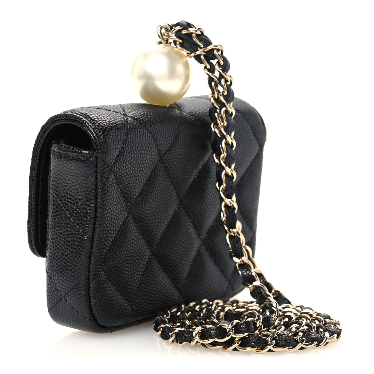 Caviar Quilted Mini Pearl On Top Coin Purse With Chain Black
