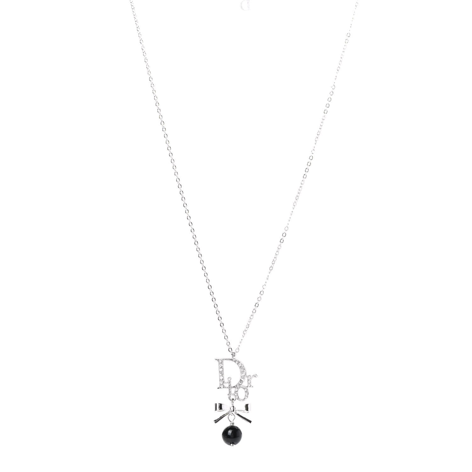 Christian Dior Enamel Bead Logo Bow Necklace Silver Black 1 of 6