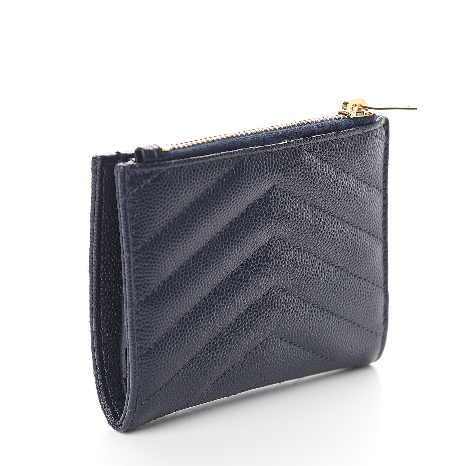 Saint Laurent Grain De Poudre Matelasse Chevron Monogram Zipped Card Case Navy 2 of 5