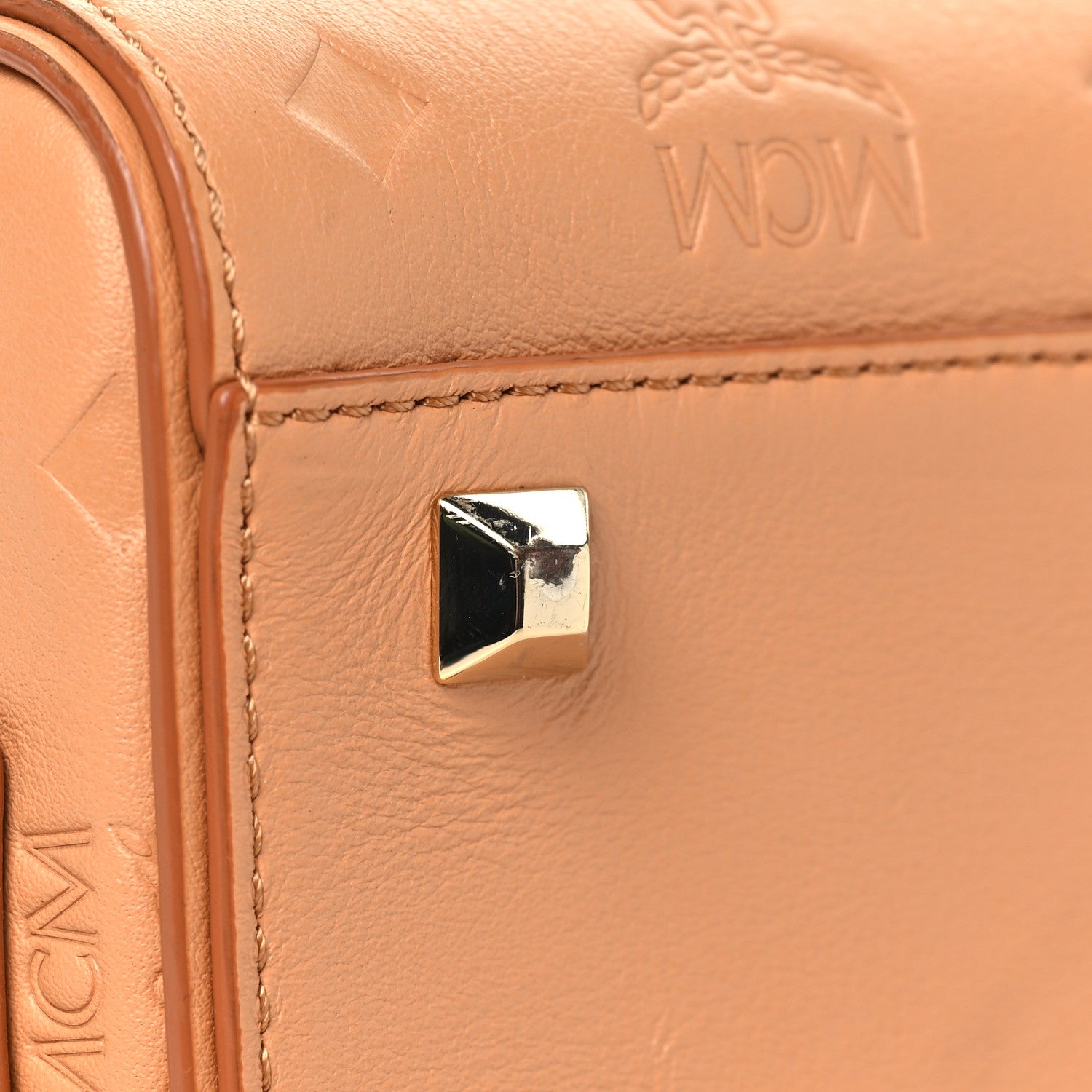 MCM Calfskin Ottomar Monogram Small Essential Boston Bag Sandstone 11 of 14