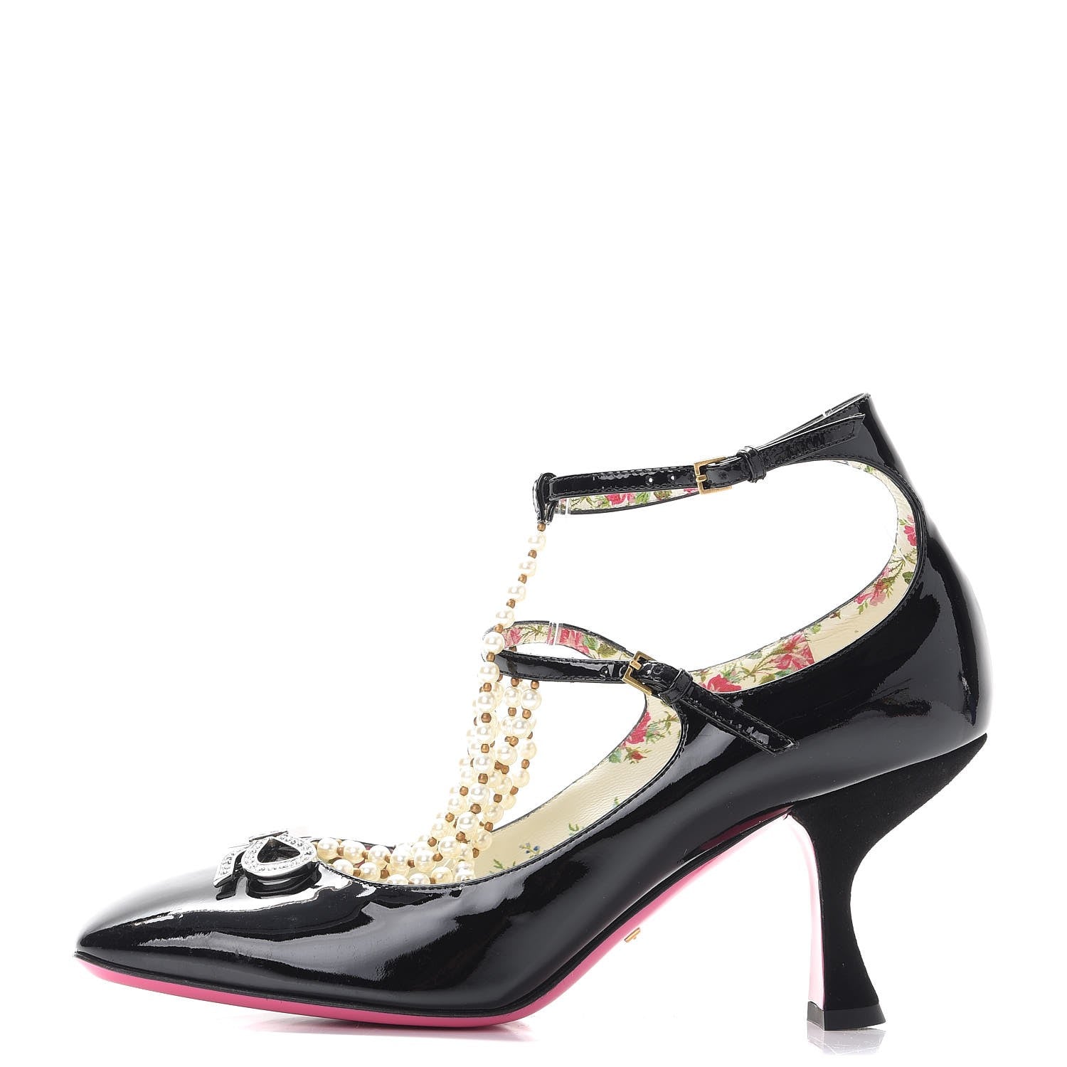 Gucci Patent Pearl Taide T-Strap Mid Heel Pumps 39.5 Black 1 of 7