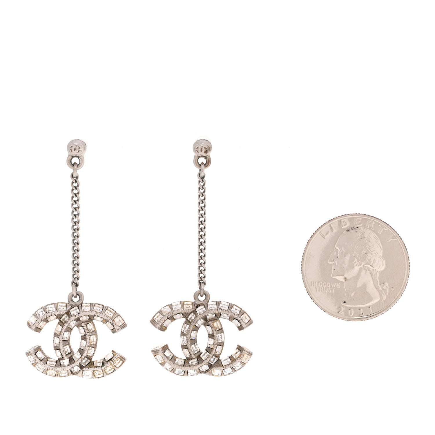Chanel Baguette Crystal CC Drop Earrings Silver 2 of 5