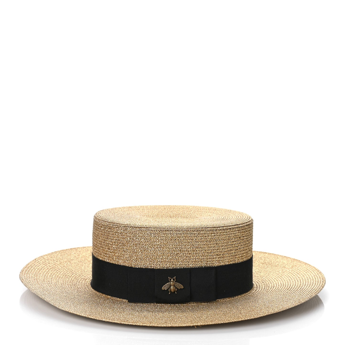 Glittered Straw Grosgrain Wide Brim Hat M Gold Black