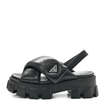 Prada Nappa Soft Metal Triangle Logo Padded Monolith 55mm Slingback Sandals 40 Black 1 of 9