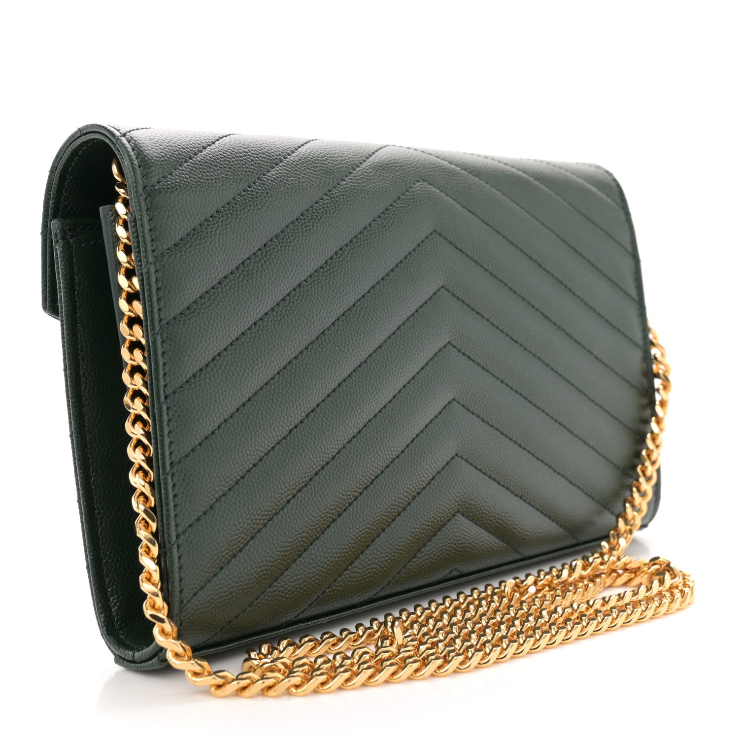 Saint Laurent Grain De Poudre Matelasse Chevron Monogram Chain Wallet Vert Fonce 2 of 12