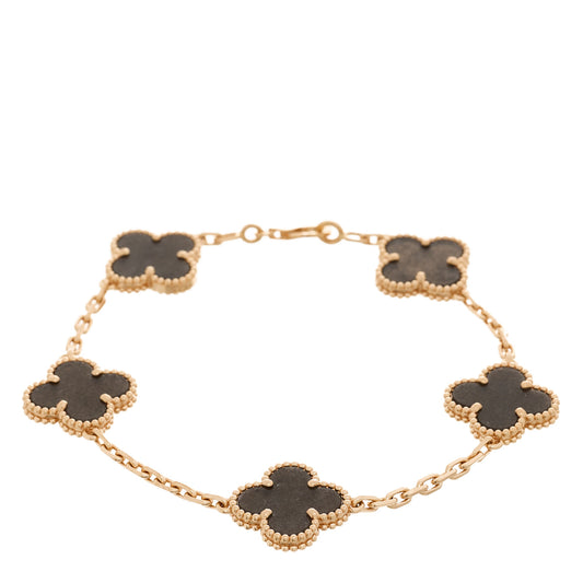 18K Rose Gold Silver Obsidian 5 Motifs Vintage Alhambra Bracelet
