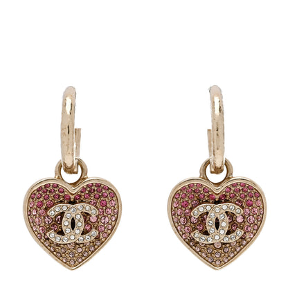 Chanel Crystal Resin CC Heart Drop Hoop Earrings Pink Gold 1 of 6