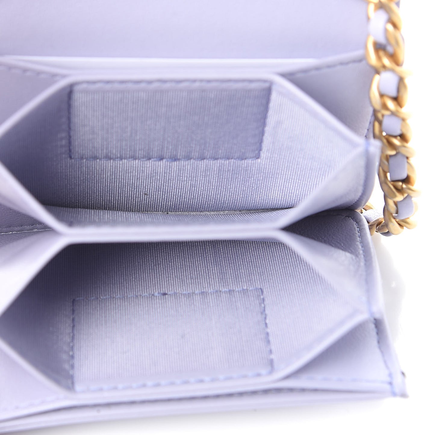 Lambskin Quilted Chanel 19 Flap Card Holder With Chain Light Purple