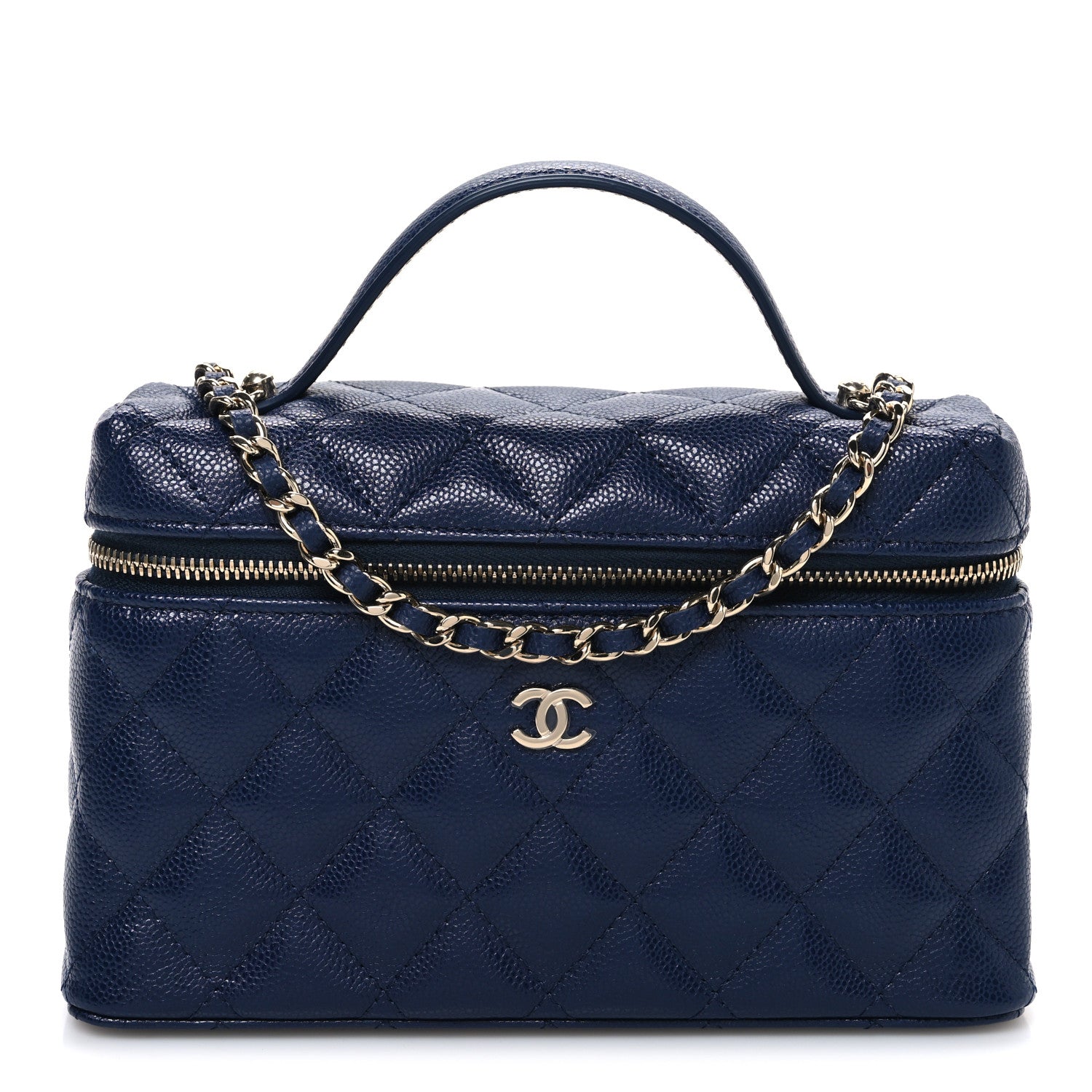 Chanel Caviar Quilted Top Handle Slim Vanity With Chain Navy 1 of 11