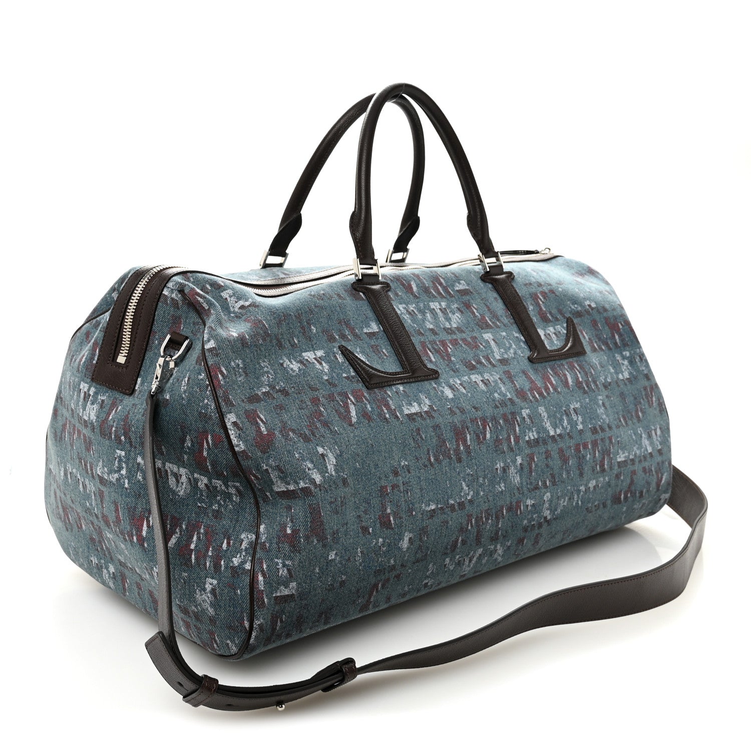 Lanvin X FUTURE Denim Calfskin Logo Print Travel Bag Blue Brown 2 of 8