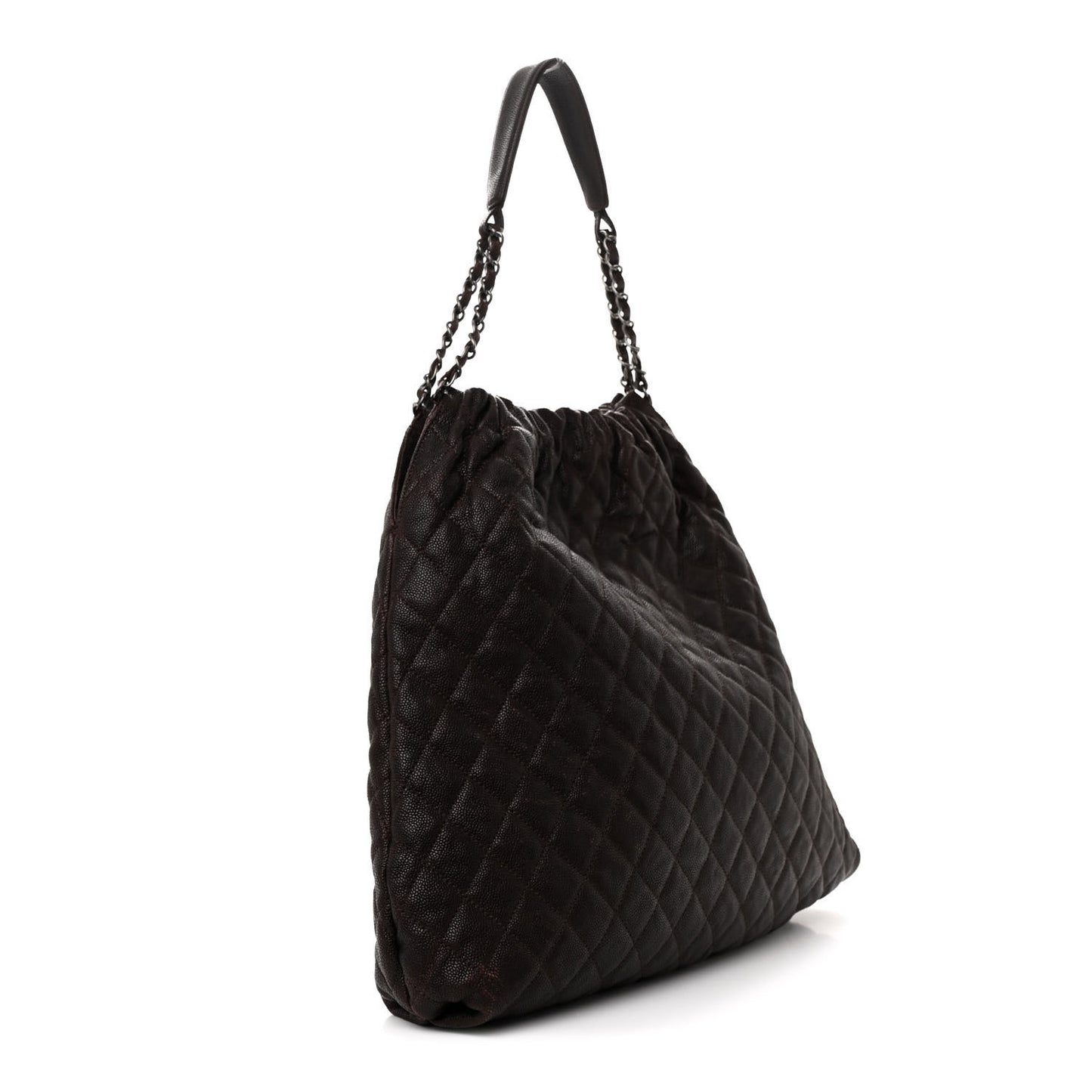 Distressed Glazed Caviar Quilted Large Elastic Tote Brown