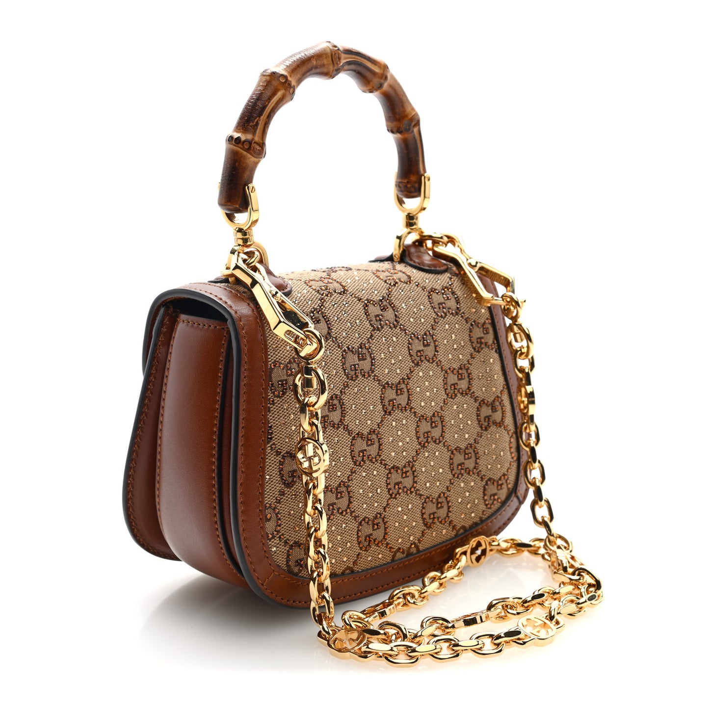 New Canvas Charisma Calfskin Crystal GG Monogram Small Bamboo 1947 Top Handle Bag Camel Ebony