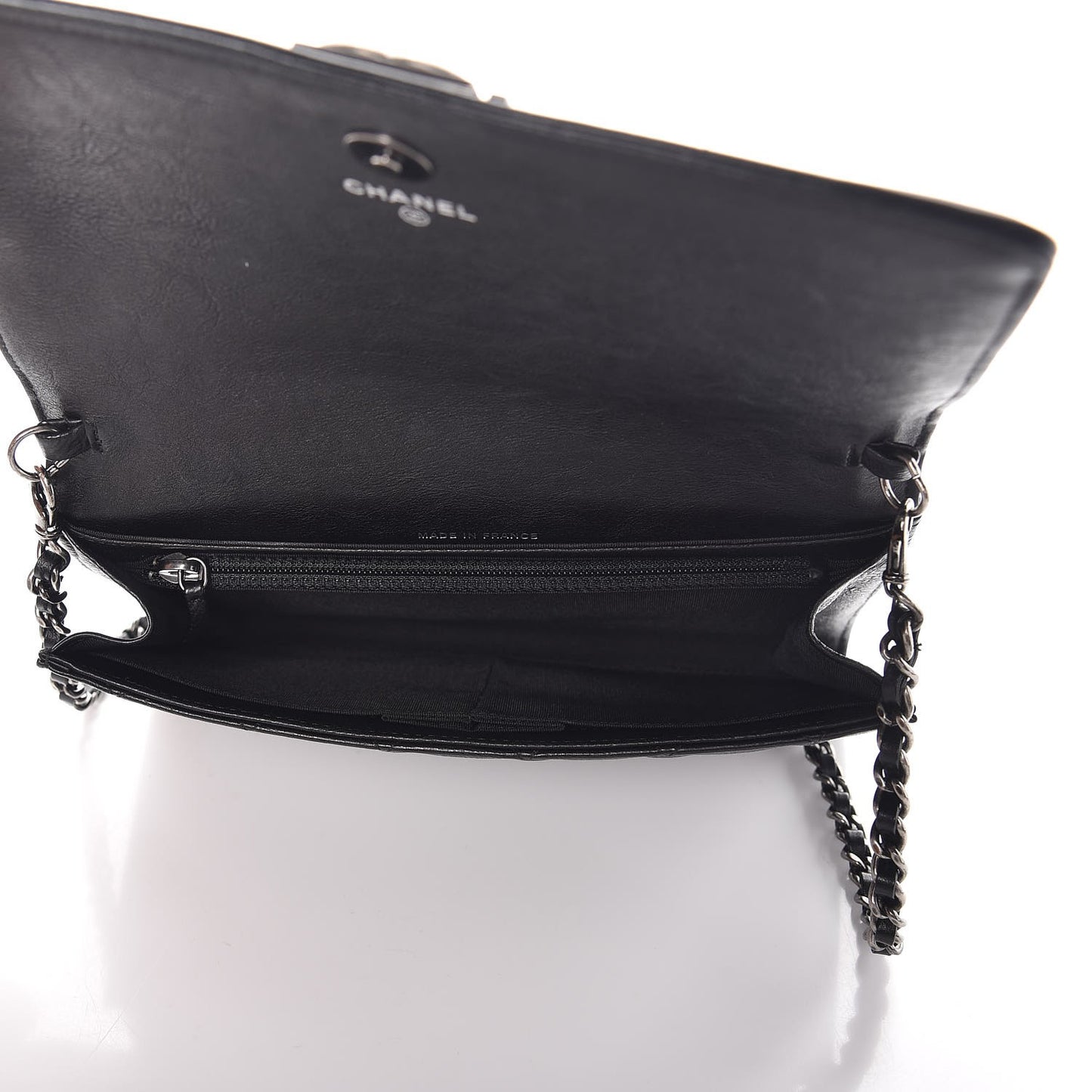 Calfskin Quilted Chain Around Boy Wallet On Removable Chain WOC Black
