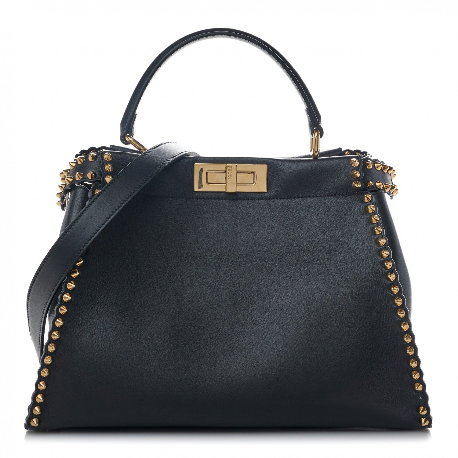 Fendi Vitello Seta Shiny Nappa Scalloped Studded Medium Peekaboo Iconic Satchel Black 1 of 15