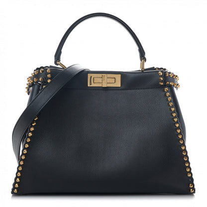 Fendi Vitello Seta Shiny Nappa Scalloped Studded Medium Peekaboo Iconic Satchel Black 1 of 15