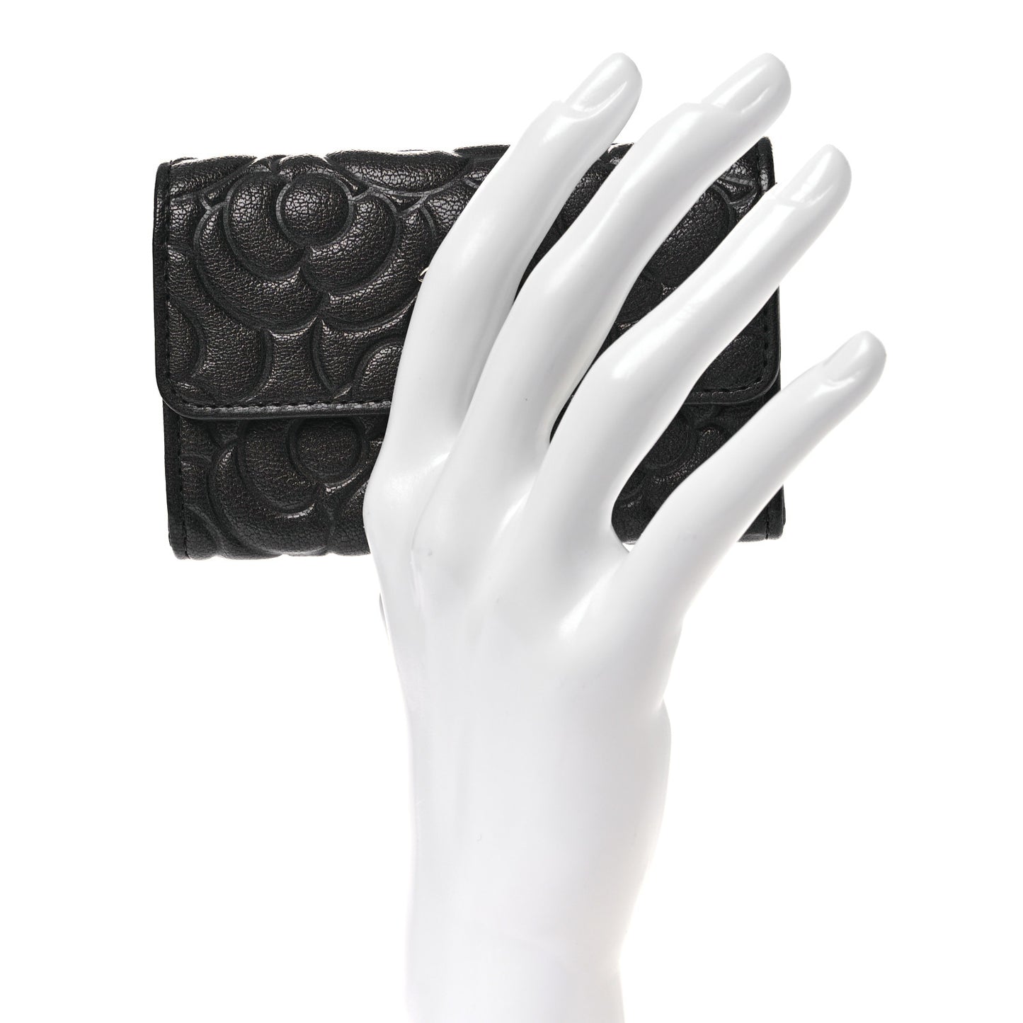 Goatskin Camellia Embossed Flap Card Holder Wallet Grey