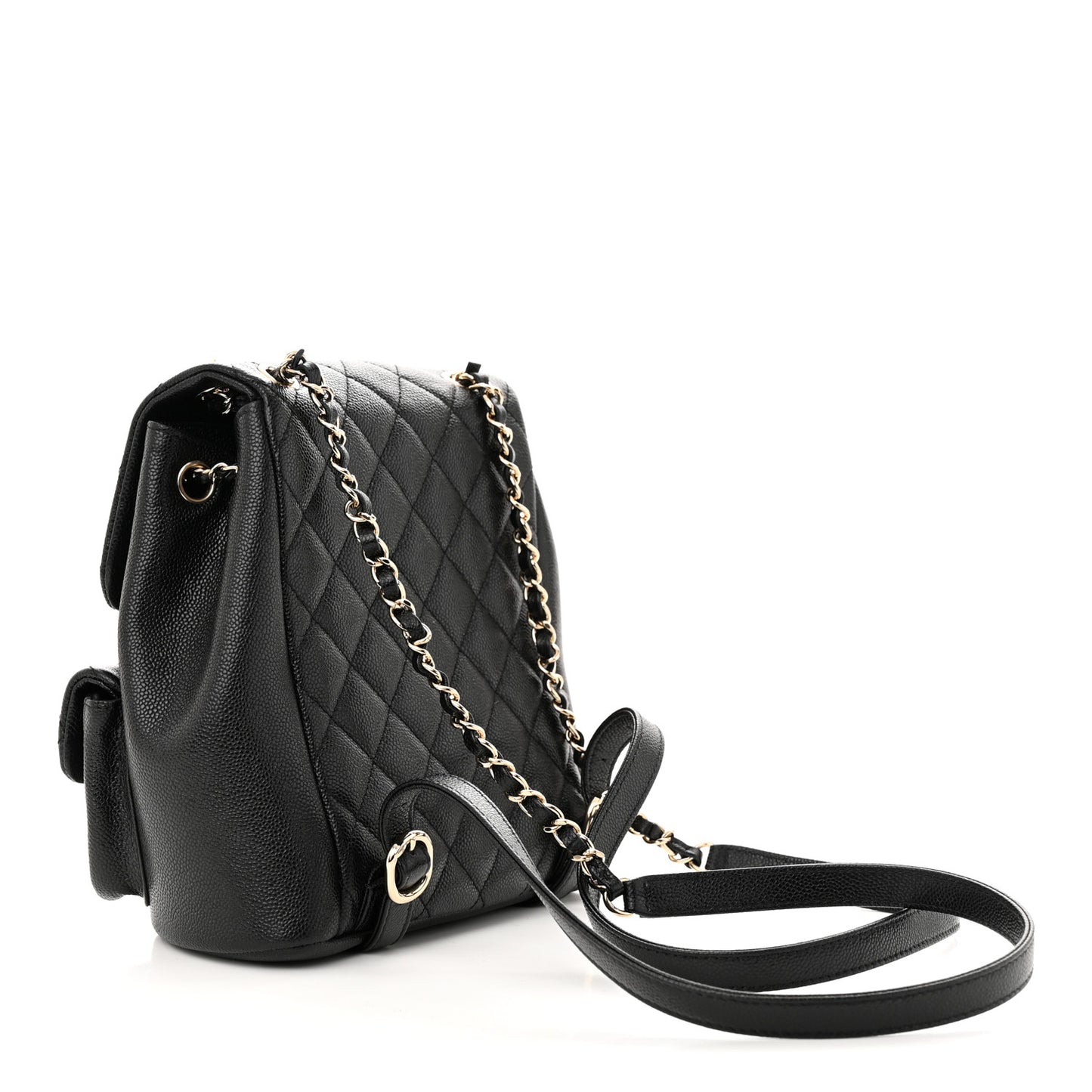 Shiny Caviar Quilted Medium Duma Pockets Drawstring Backpack Black