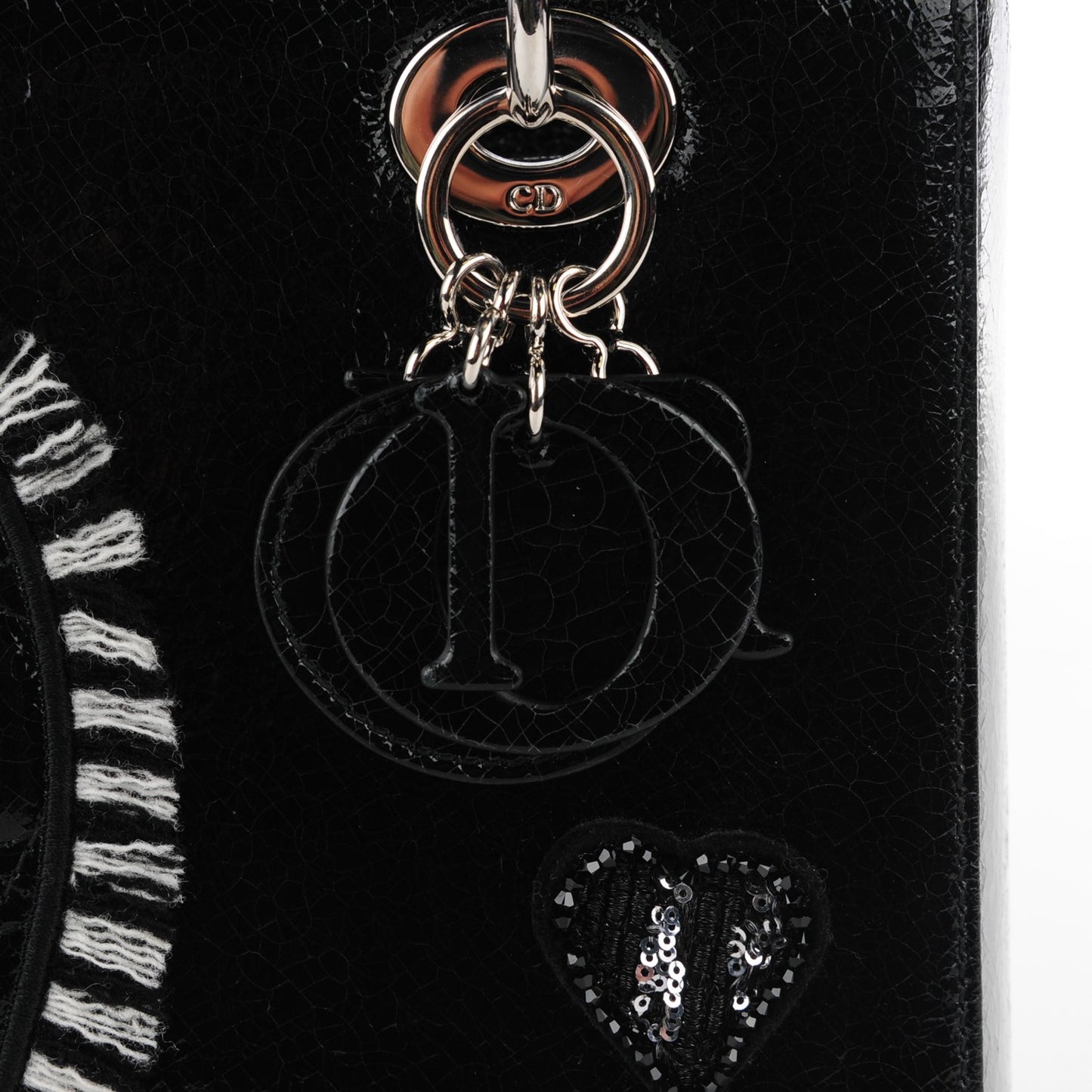 Crackled Calfskin Embellished Medium Lady Dior Black