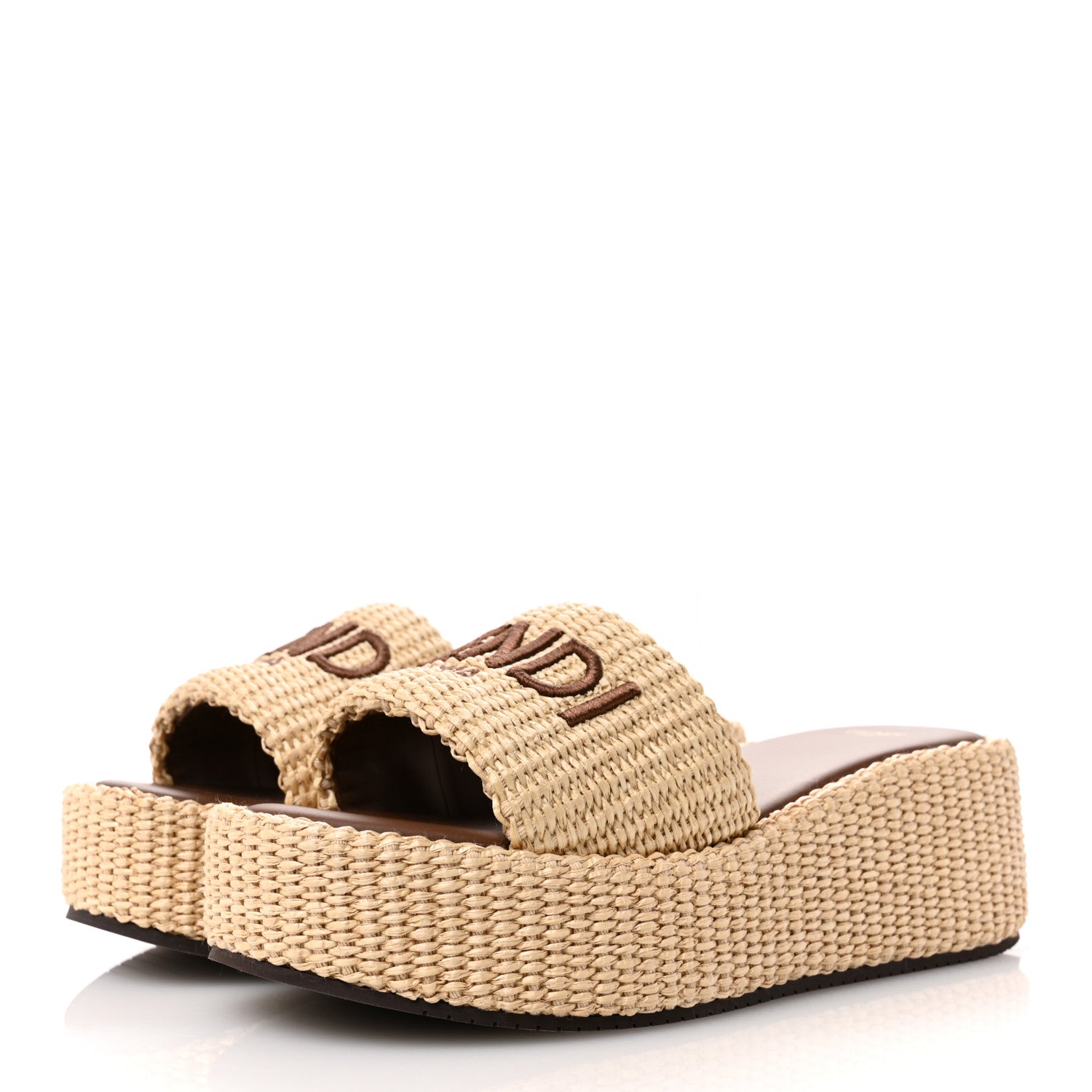 Fendi Straw Vitello Grace Cuoio Logo Womens FF Sunshine Flatform Slide Sandals  38 Natural Brandy 4 of 10