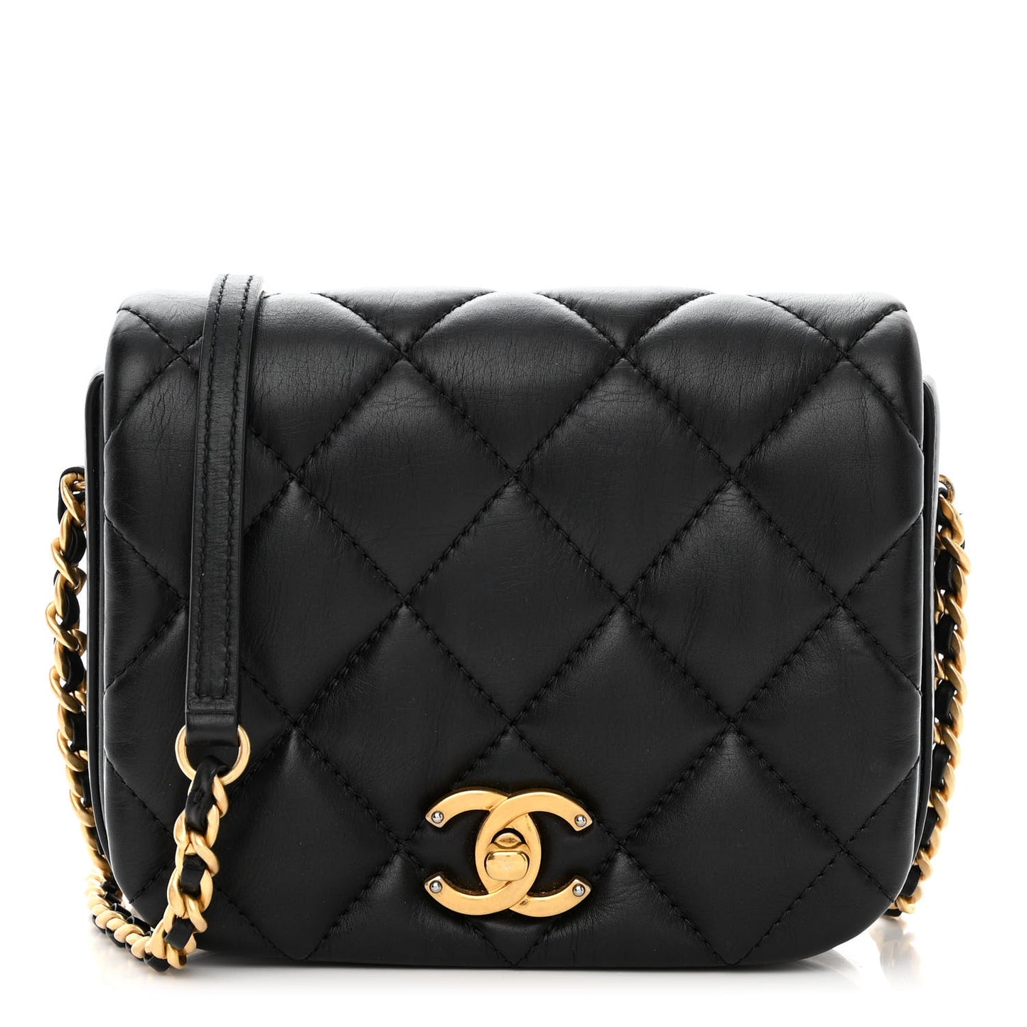 Calfskin Quilted Mini Nailed CC Flap Bag Black