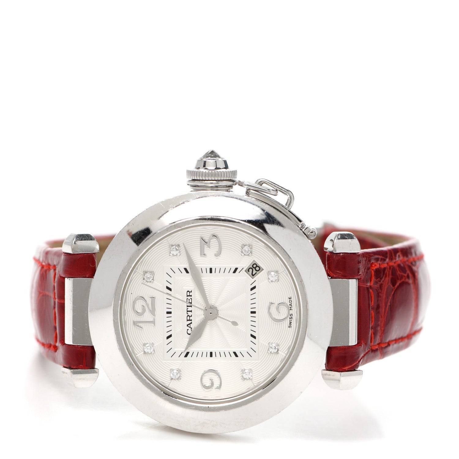 Cartier 18K White Gold Diamond Alligator 32mm Pasha C Automatic Watch Red 2 of 6