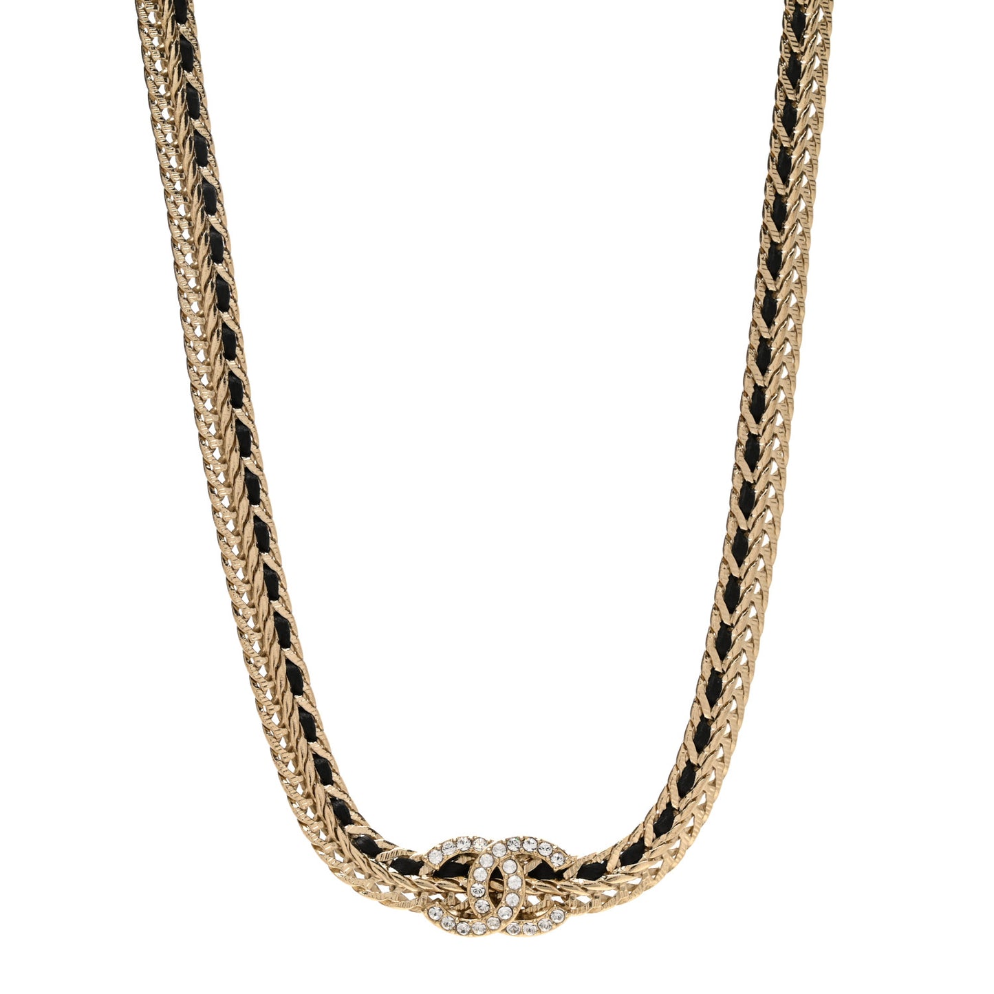Metal Lambskin Crystal Chain CC Necklace Black Gold
