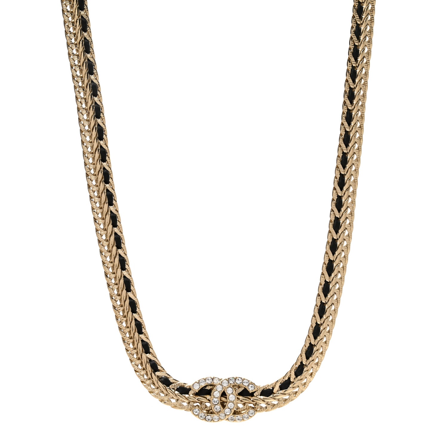 Chanel Metal Lambskin Crystal Chain CC Necklace Black Gold 1 of 4