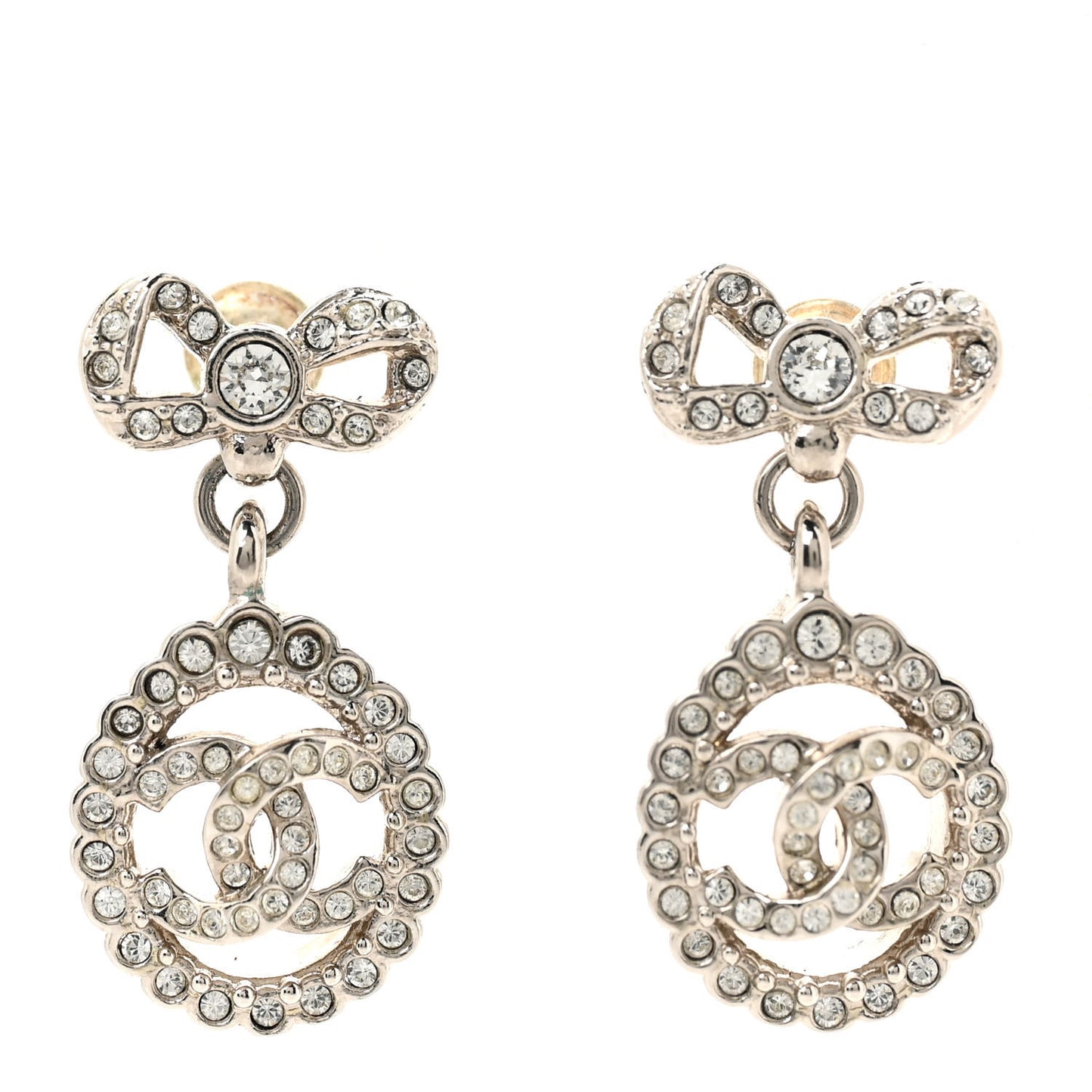 Crystal CC Bow Round Drop Earrings Silver