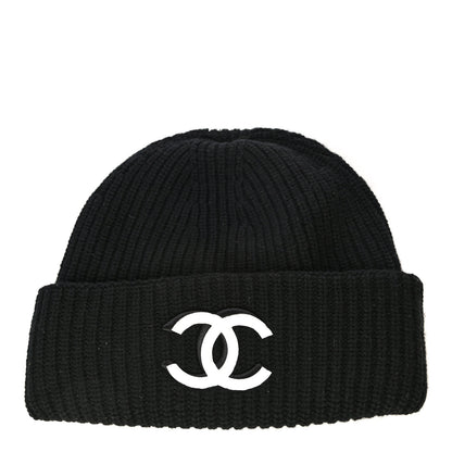 Chanel Wool Cashmere CC Beanie Hat Light Black White 1 of 8