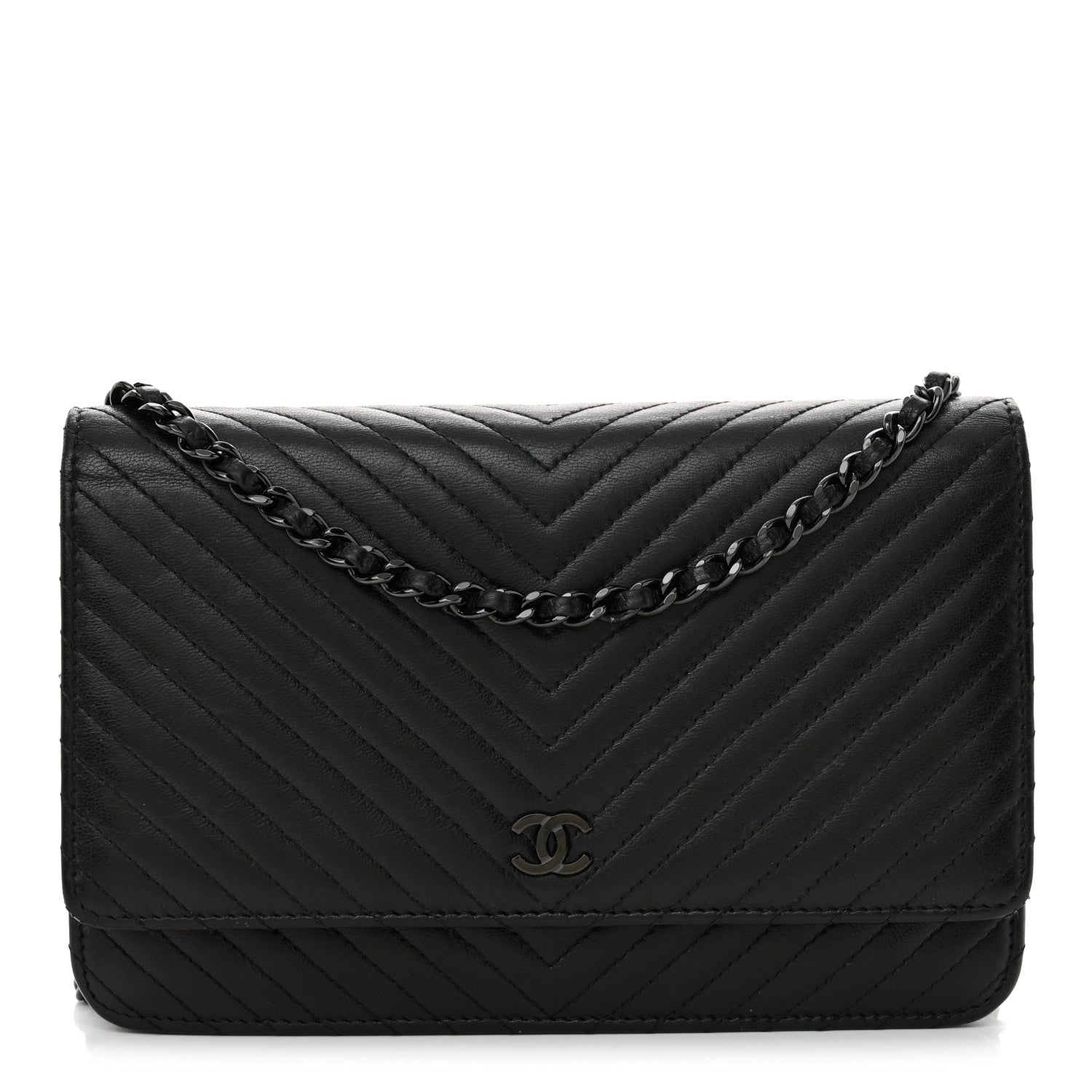 Chanel Lambskin Chevron Quilted Wallet On Chain WOC So Black 1 of 13