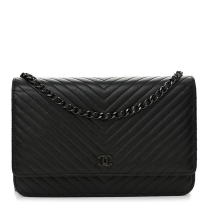 Chanel Lambskin Chevron Quilted Wallet On Chain WOC So Black 1 of 13