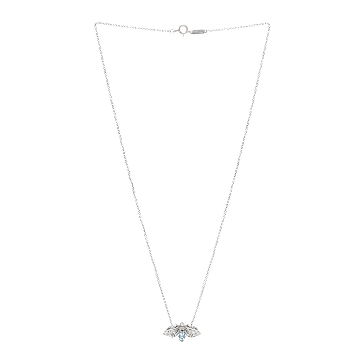 Platinum Diamond Aquamarine Paper Flowers Firefly Pendant Necklace
