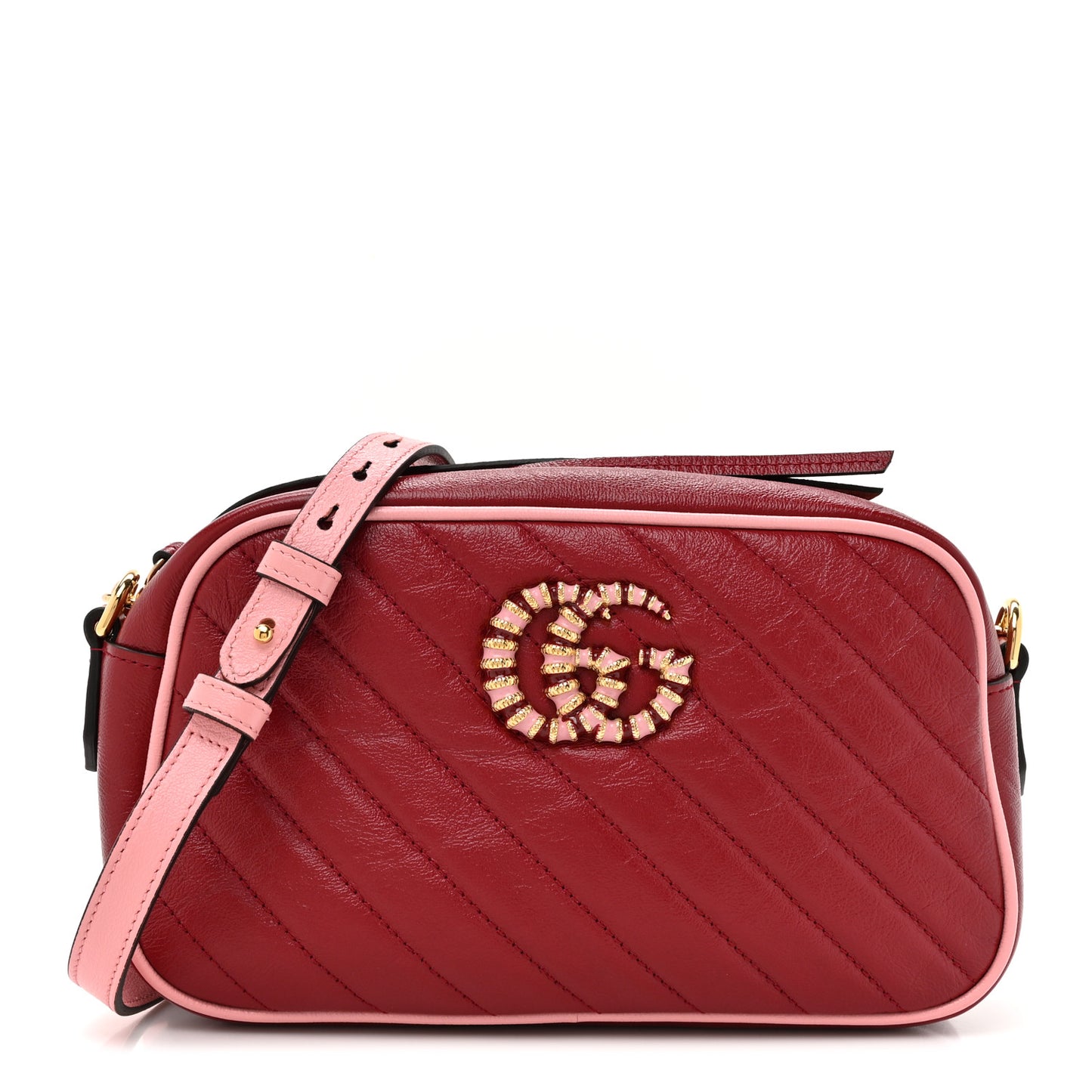 Azalea Calfskin Enamel Matelasse Diagonal Small Torchon GG Marmont Chain Shoulder Bag New Cherry Red Wild Rose
