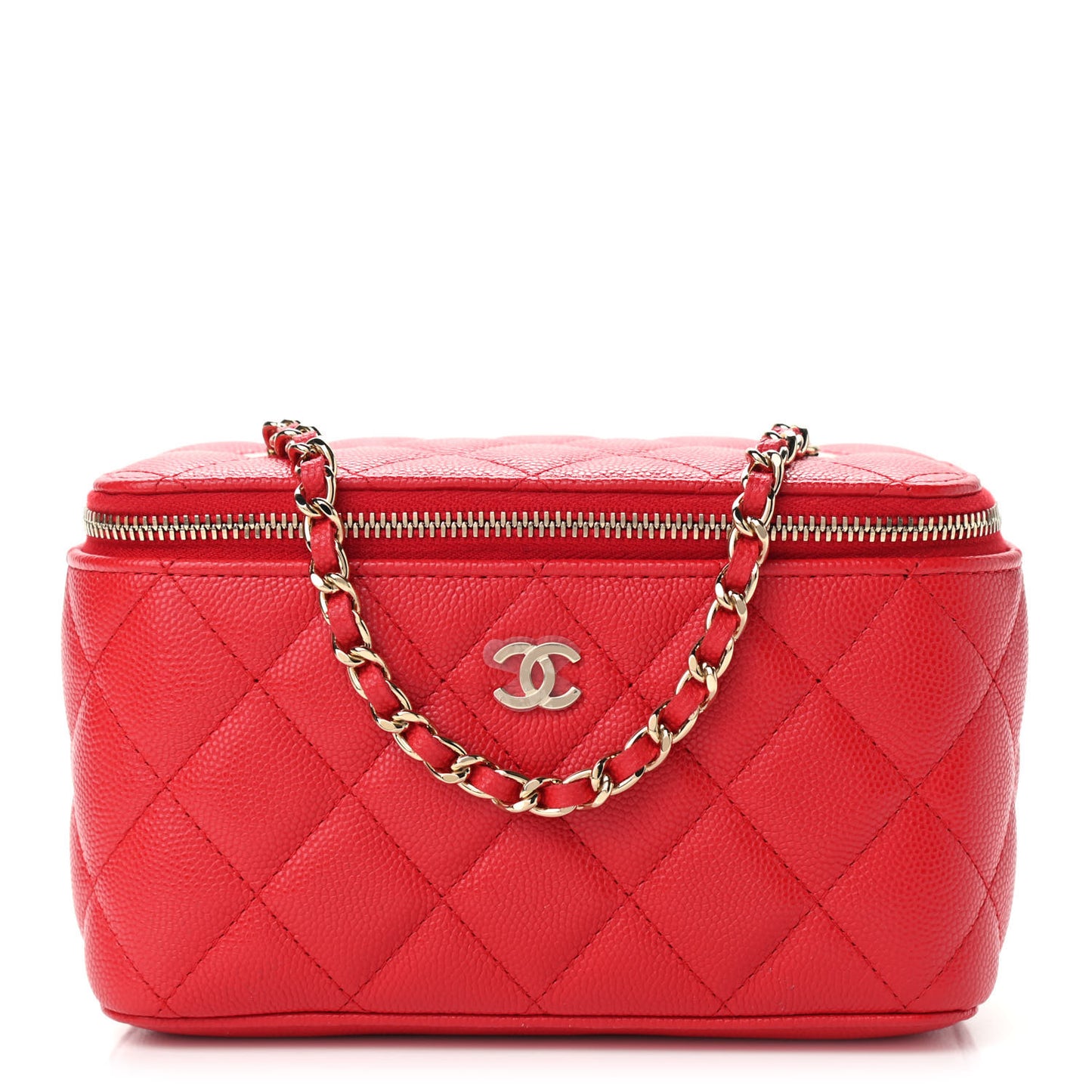 Caviar Quilted Small Vanity Case With Chain Red