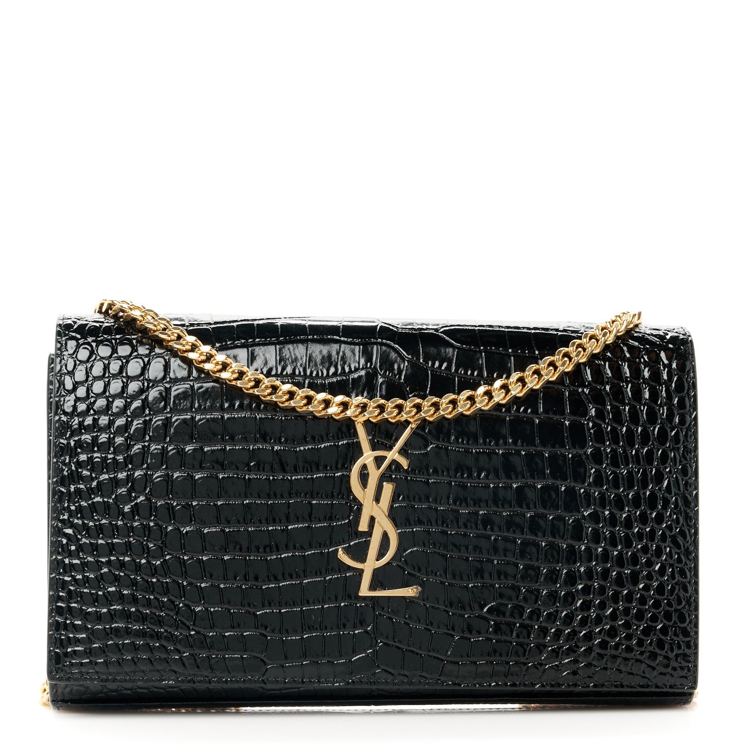 Saint Laurent Calfskin Crocodile Embossed Cassandre Wallet On Chain WOC Black 1 of 9