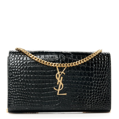 Saint Laurent Calfskin Crocodile Embossed Cassandre Wallet On Chain WOC Black 1 of 9