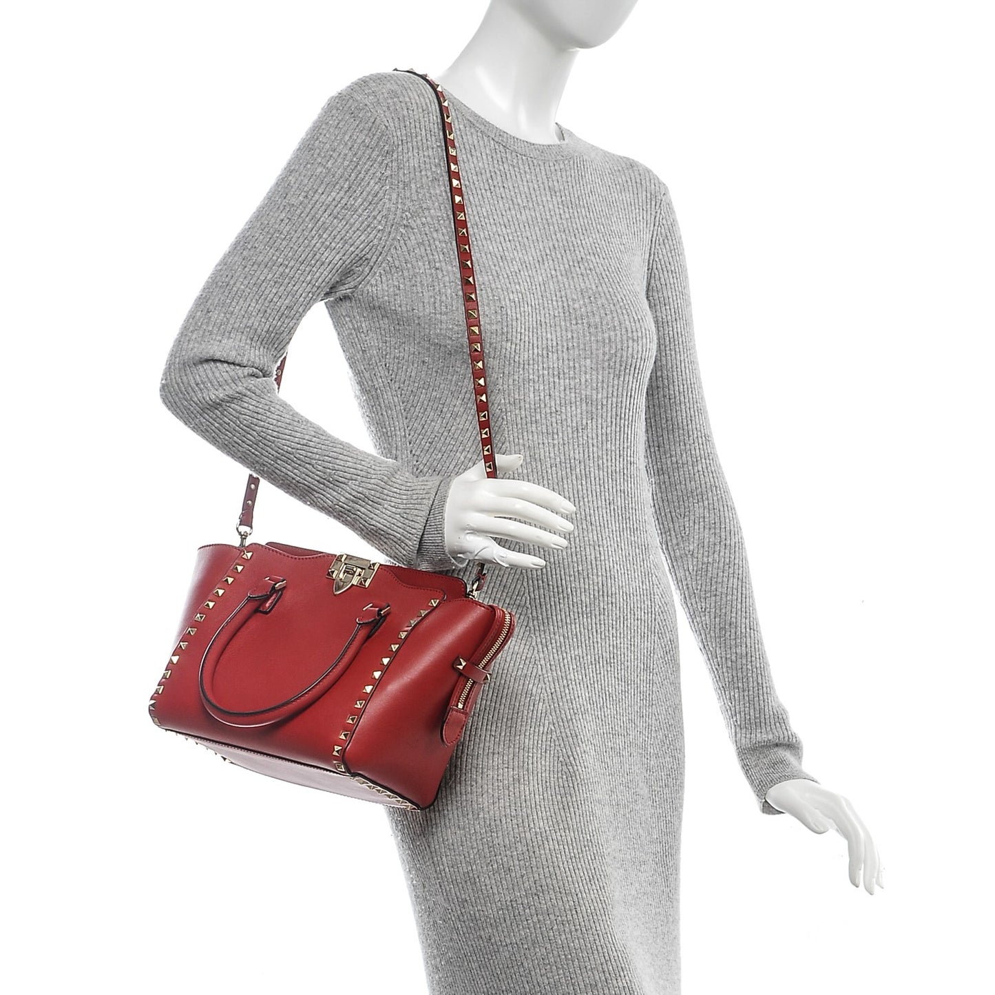 Vitello Small Rockstud Double Handle Tote Red