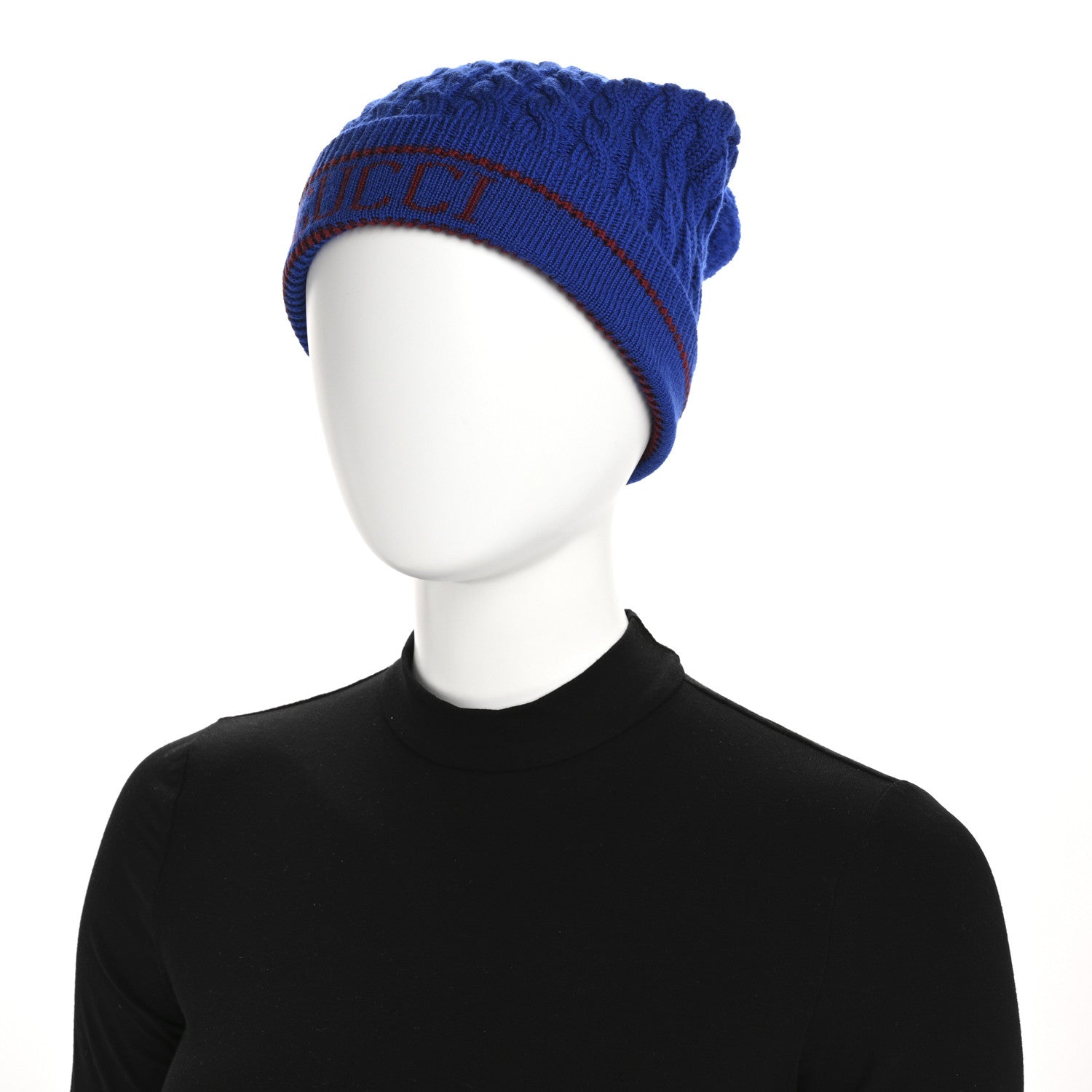 Gucci Wool Knit Monogram Beanie Hat M Bluette Red 2 of 6
