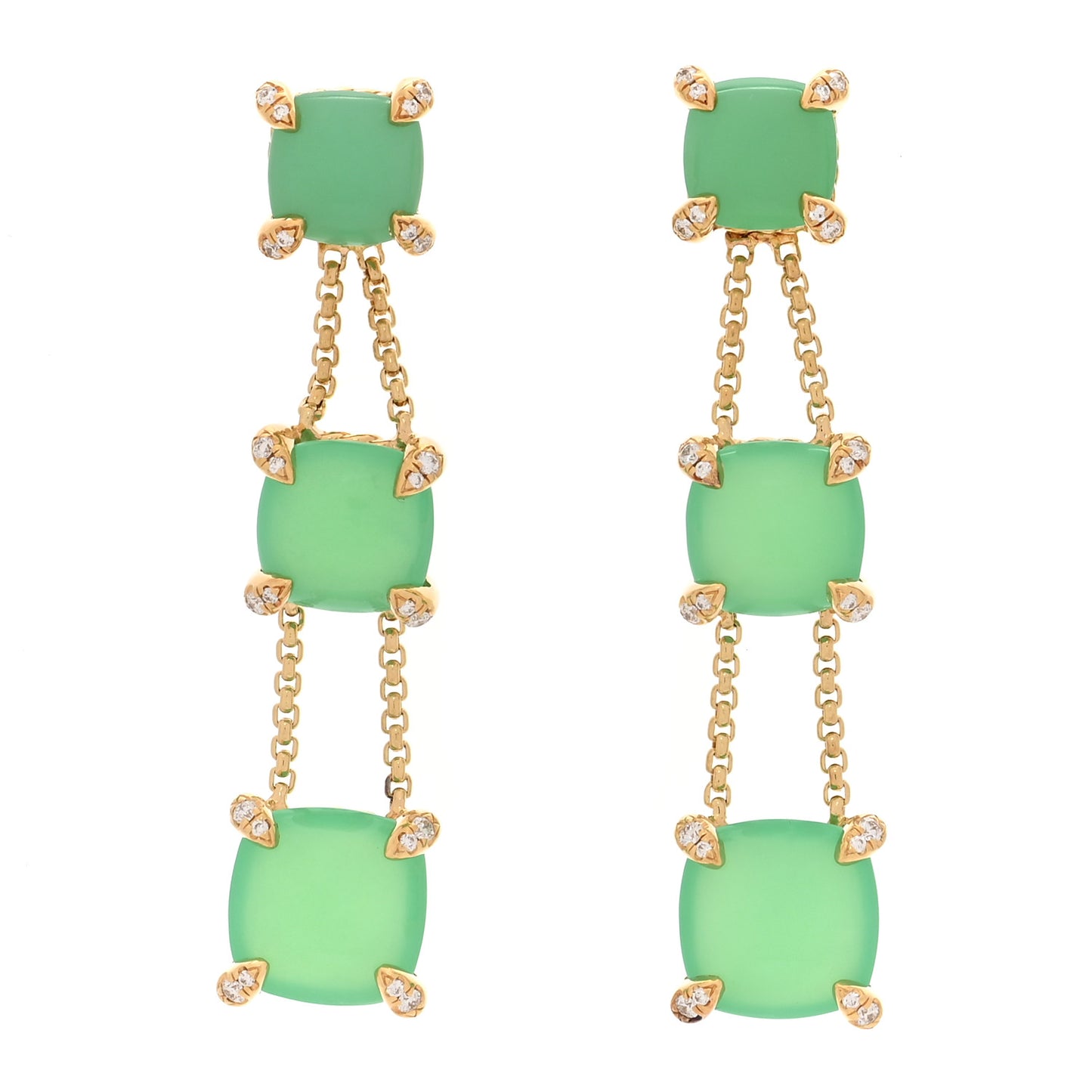 18K Yellow Gold Diamond Chrysoprase Chatelaine Chain Drop Earrings