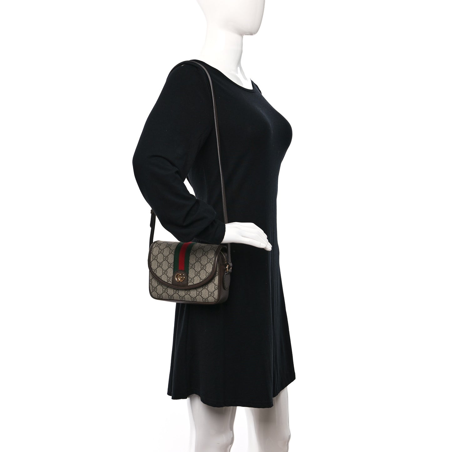 GG Supreme Monogram Textured Dollar Calfskin Mini Ophidia Flap Shoulder Bag Beige Ebony New Acero