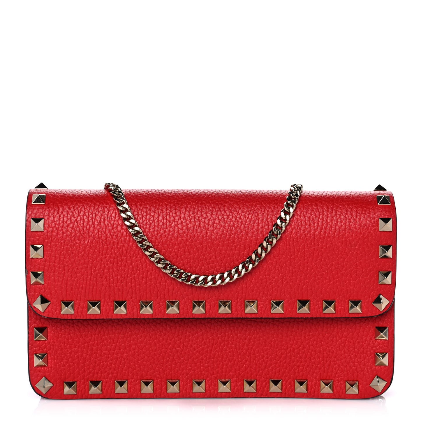 Pebbled Calfskin Rockstud Flap Wallet On Chain Rouge Pur