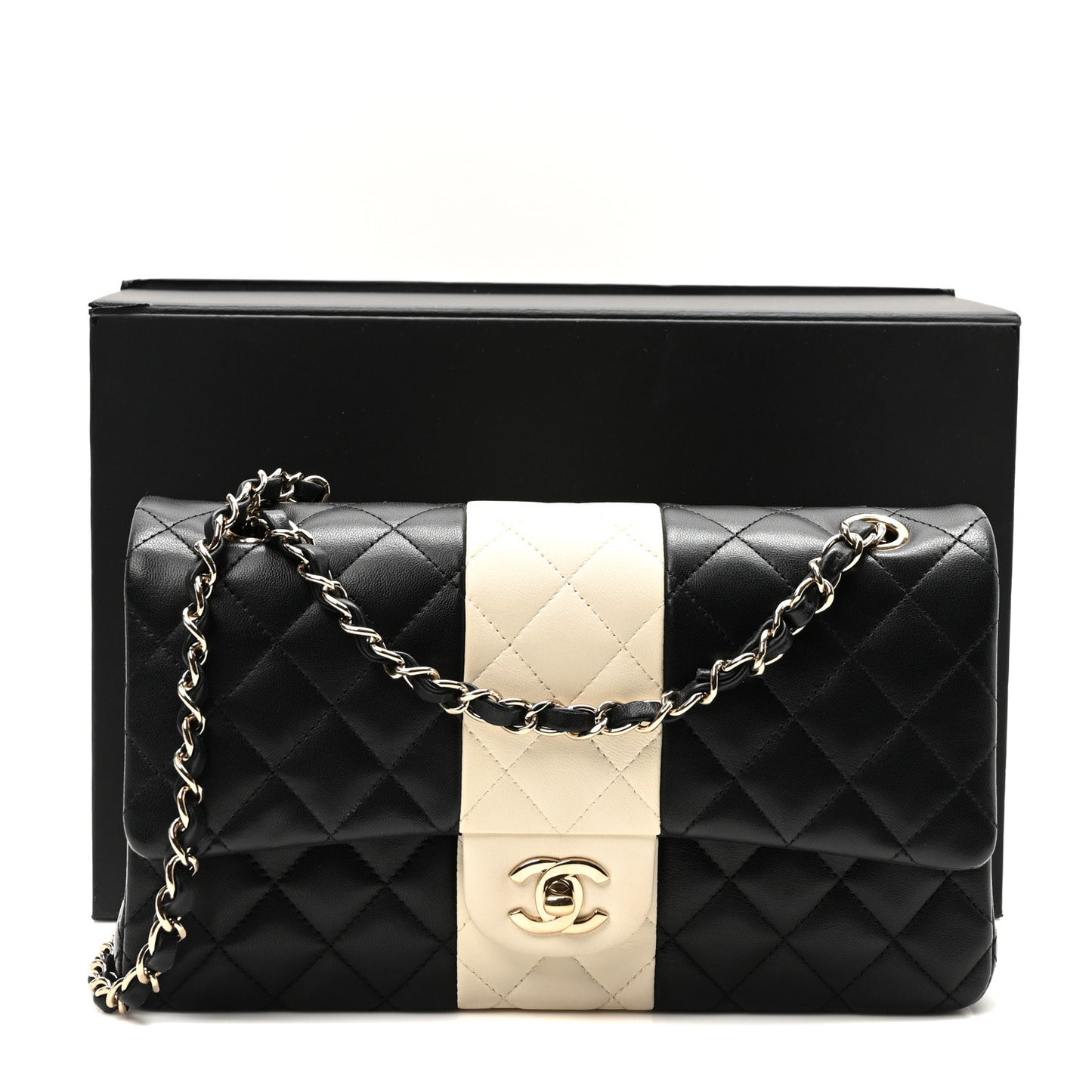 Lambskin Quilted Medium Double Flap Black White