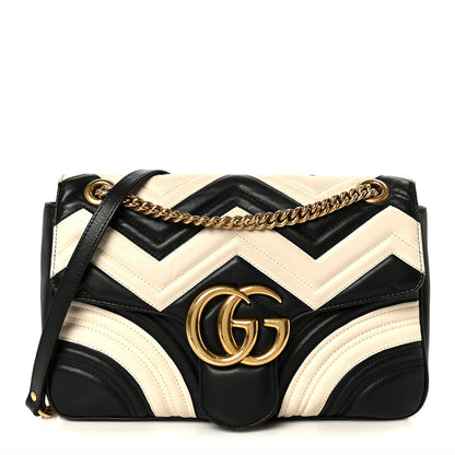 Gucci Calfskin Matelasse Medium GG Marmont Shoulder Bag Black White 1 of 11